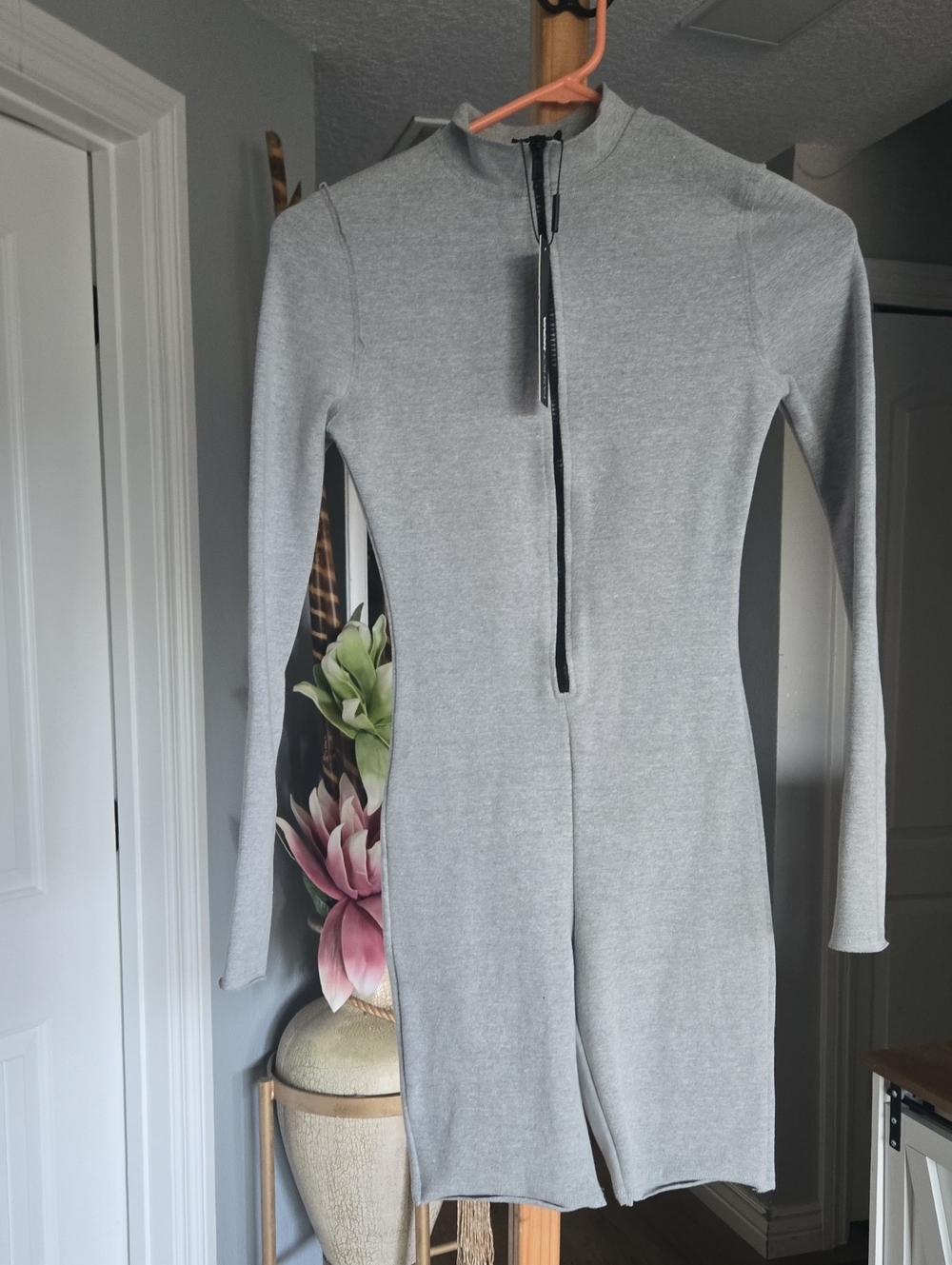Fashion Nova Grey Long-Sleeve Zip-Front Mini Dress
